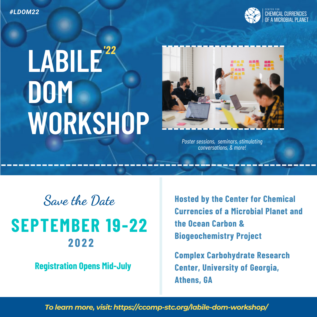 Save-the-Date informational pamphlet for the Labile DOM Workshop that will occur on Sept 19-22, 2022 at the CCRC at University of Georgia, Athens, GA