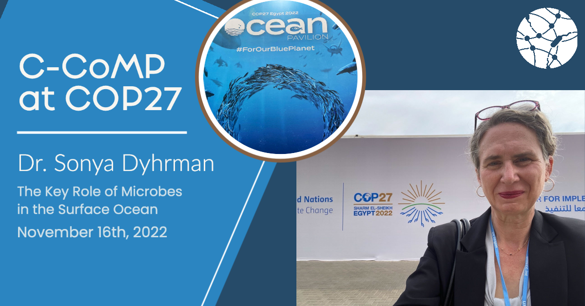 This figure compilation includes two photos from Dr. Sonya Dyhrman's visit to COP27. There is a photo of the Ocean Pavilion logo that is cropped into a circle and a photo of Sonya standing in front of the COP27 banner. The text on the left of the graphic states "C-CoMP at COP27, Dr. Sonya Dyhrman, the title for the panel presentation: The key role of microbes in the surface ocean, and date of the presentation: November 16th, 2022.