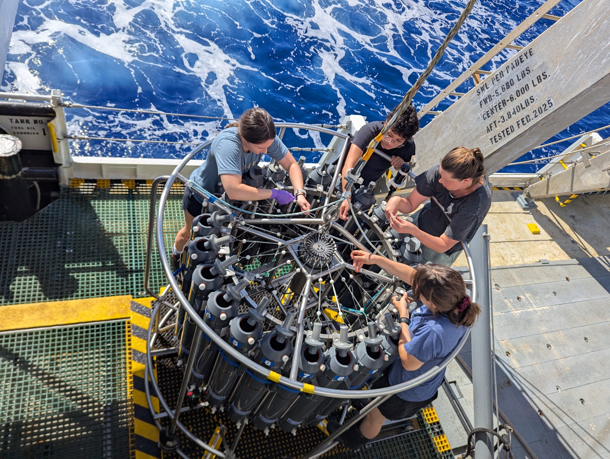 Members of the cruise team work together to prepare the CTD rosette for deployment. Photo by Claire Garfield, UGA.