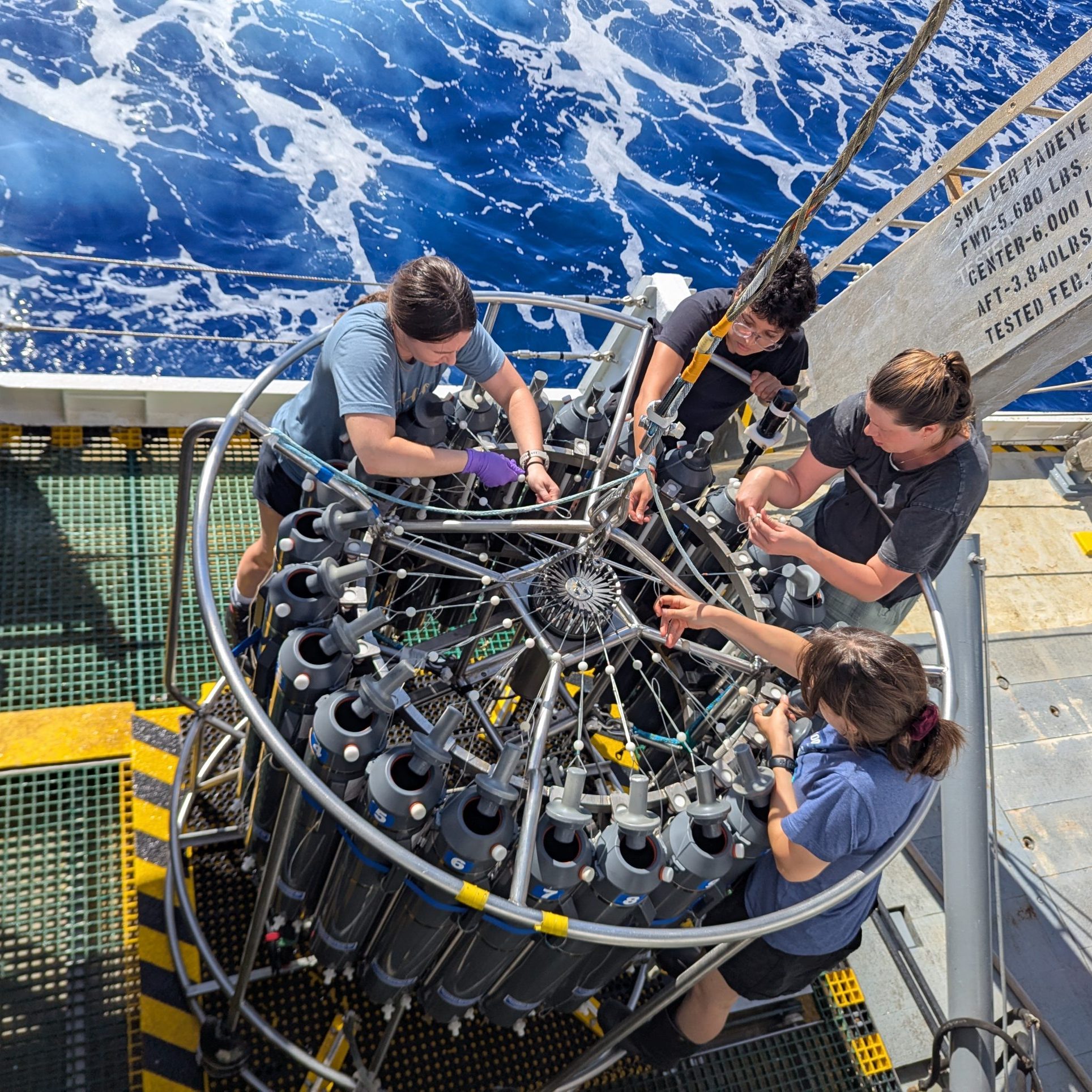Members of the cruise team work together to prepare the CTD rosette for deployment. Photo by Claire Garfield, UGA.